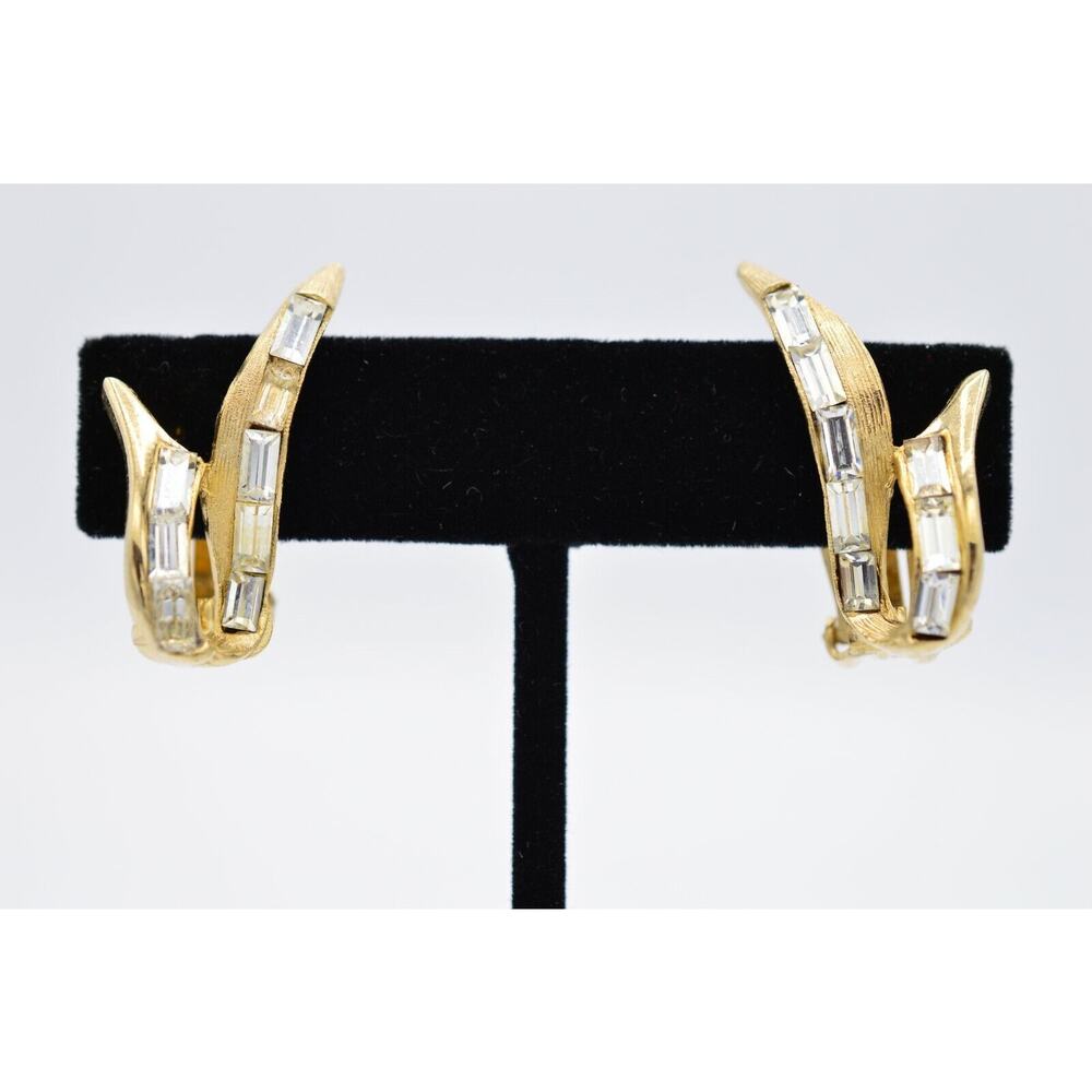 Pell Vintage Crystal Clip On Earrings Baguette Rhinestone Gold Signed AS IS BinC